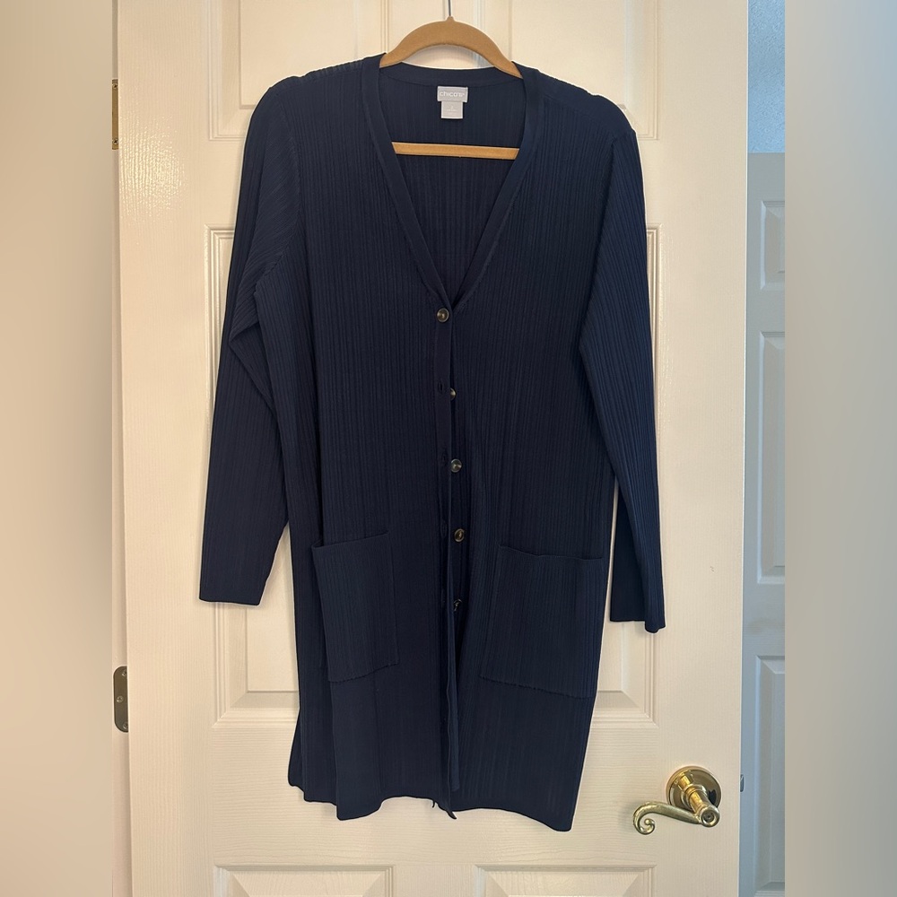Chico's Ribbed Open Cardigan in Navy